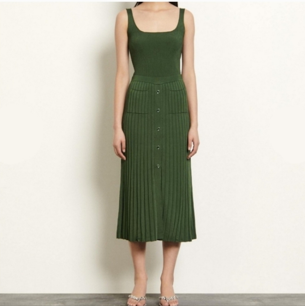 Sandro Paris Meva Green Knit Button Front Pleated Maxi Skirt 3 Large 8  NEW